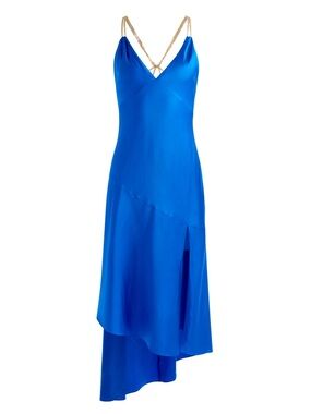 Alice + Olivia Royal Blue Satin Backless Dress with Gold Chain Detail
